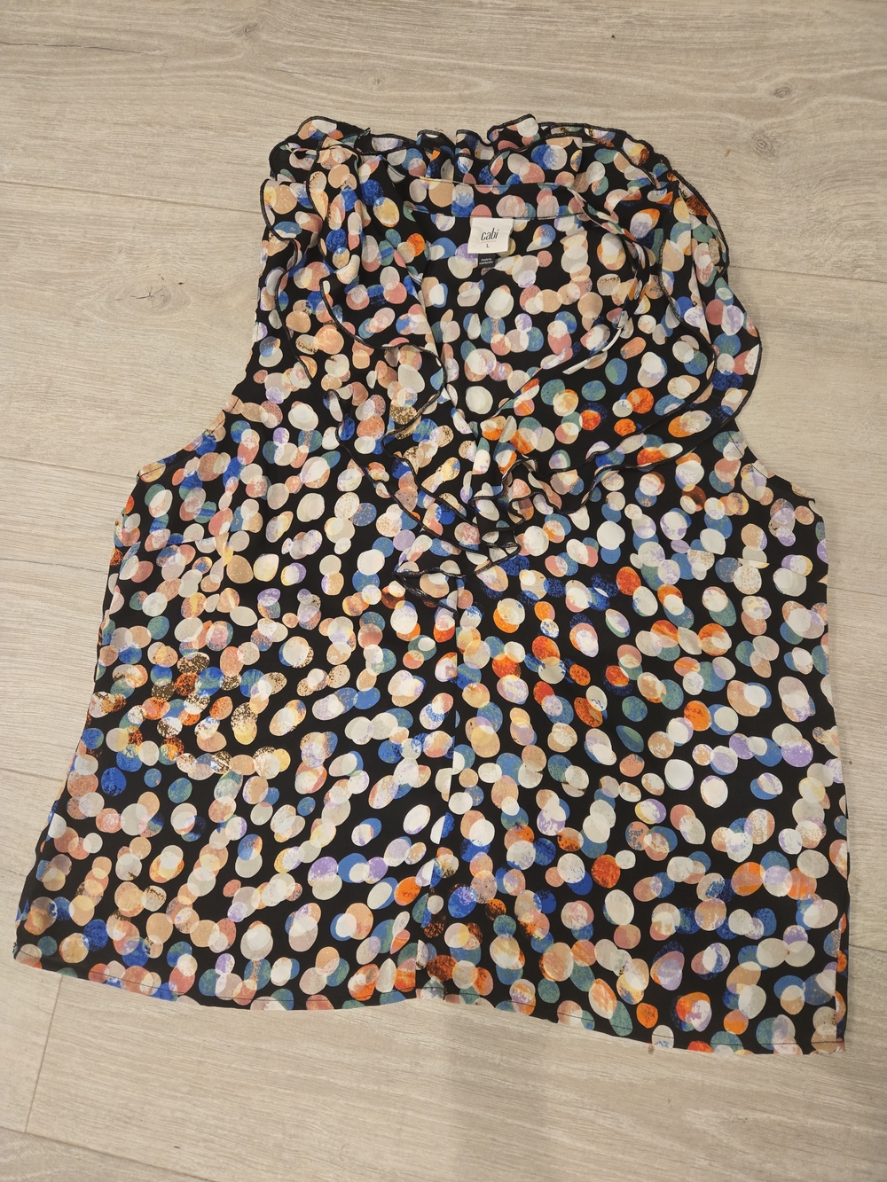 CAbi Black Sleeveless Ruffle V-Neck Top with Multicolor Dots